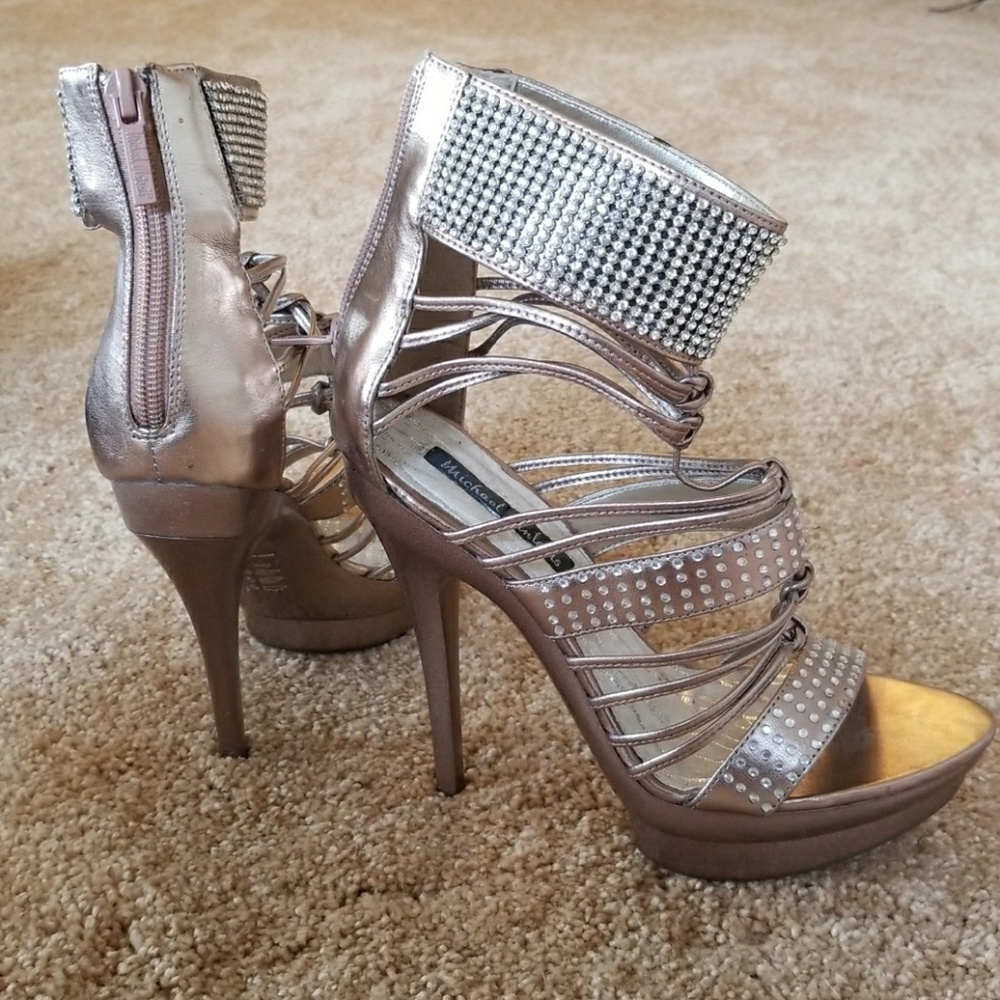Gold Gladiator Sandals Heels w/ Rhinestone Detail